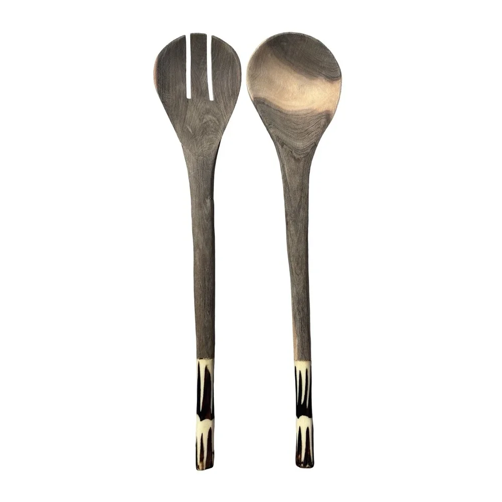Hand Carved Wooden Salad Servers Bone Inlay Batik Handle‎ Dark Wood 12 Inch Set
